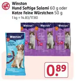 Rossmann Winston Hund Saftige Salami 60 g oder Katze Feine Würstchen 50 g Angebot