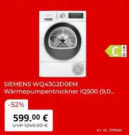 MediaMarkt SIEMENS WQ43G2D0EM Wärmepumpentrockner iQ500 Angebot