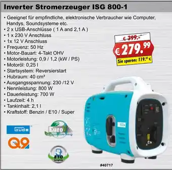 Stabilo Fachmarkt Güde Inverter Stromerzeuger ISG 800-1 Angebot