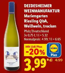 Lidl DEIDESHEIMER WEINMANUFAKTUR Mariengarten Riesling QbA, Weißwein, trocken Angebot
