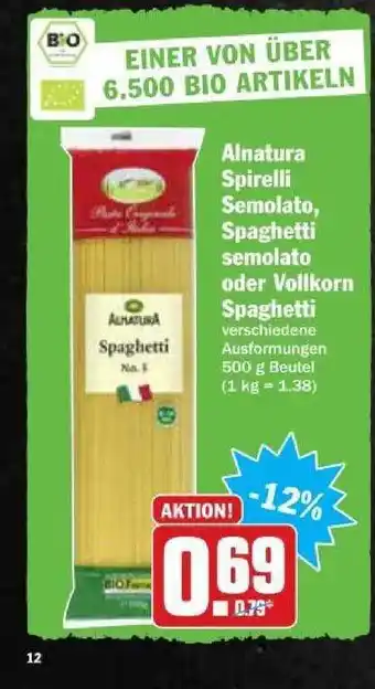 dodenhof Alnatura Spirelli Semolato, Spaghetti Semolato Oder Vollkorn Spaghetti Angebot