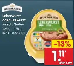 Netto Marken-Discount HOFMAIER Leberwurst oder Teewurst Angebot