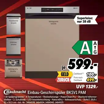 MEDIMAX Bauknecht Einbau-Geschirrspüler BKS V1 PAM Angebot