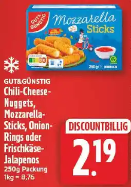 NP Discount Gut&Günstig Chili-Cheese Nuggets, Mozzarella Sticks, Onion Rings oder Frischkäse Jalapenos Angebot