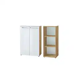 Netto Marken-Discount Büro-Set MUENCHEN 2-teilig Kommode x Regal Glas Front & Abschließbar Chalet-Eiche-Nb./Weiß Angebot
