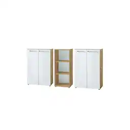 Netto Marken-Discount Büro-Set MUENCHEN 3-teilig 2 Kommode x Regal Glas Front & Abschließbar Chalet-Eiche-Nb./Weiß Angebot