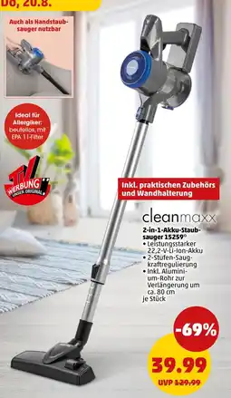 PENNY cleanmaxx 2-in-1-Akku-Staubsauger 15259 Angebot