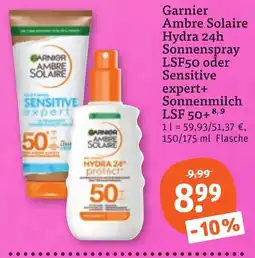 tegut Garnier Ambre Solaire Hydra 24h Sonnenspray LSF50 oder Sensitive expert+ Sonnenmilch LSF 50+ Angebot