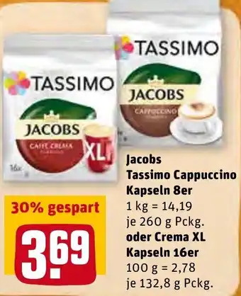 REWE Jacobs Tassimo Cappuccino Kapseln 8er 260g oder Crema XL Kapseln 16er 132,8g Angebot