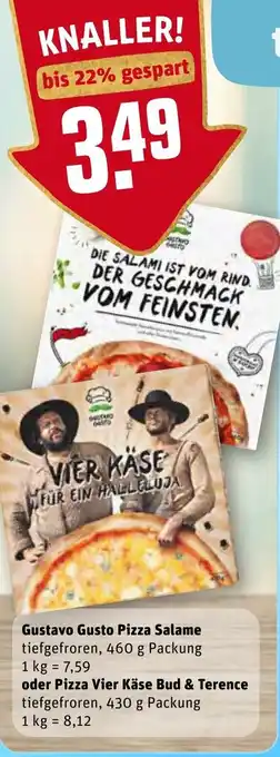 REWE Kaufpark Gustavo Gusto Pizza Salame 460g oder Pizza Vier Käse Bud & Terence 430g Angebot