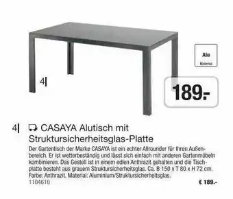 Hagebau Casaya Alutisch Mit Struktursicherheitsglas-platte Angebot