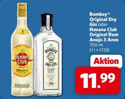 Combi Bombay Original Dry Gin oder Havana Club Original Rum Anejo 3 Anos Angebot