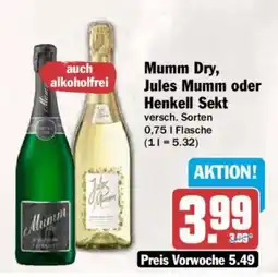 AEZ Mumm Dry, Jules Mumm oder Henkell Sekt Angebot