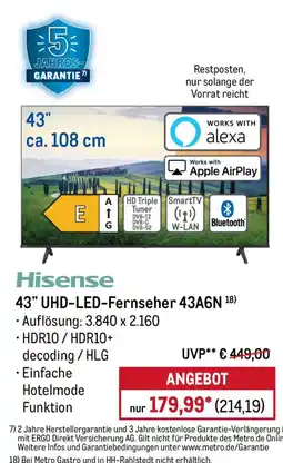 METRO Hisense 43" UHD-LED-Fernseher 43A6N Angebot