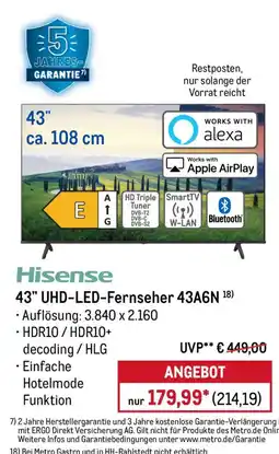 METRO Hisense 43" UHD-LED-Fernseher 43A6N Angebot