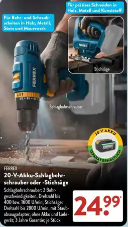 Aldi Süd FERREX 20-V-Akku-Schlagbohrschrauber oder -Stichsäge Angebot