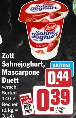 HIT Zott Sahnejoghurt, Mascarpone Duett Angebot