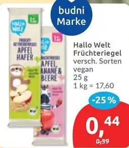 Budni Hallo Welt Früchteriegel vegan Angebot