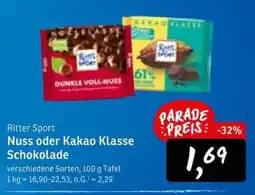 KONSUM Ritter Sport Nuss oder Kakao Klasse Schokolade Angebot