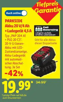 Lidl PARKSIDE Akku 20 V/4 Ah + Ladegerät 4,5 A Angebot