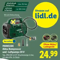 Lidl PARKSIDE Akku-Kompressor und -Luftpumpe 20 V Angebot