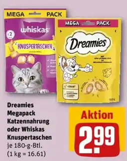 REWE Dreamies Katzennahrung oder Whiskas Knuspertaschen Angebot