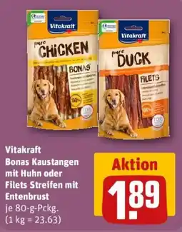 REWE Vitakraft Bonas Kaustangen mit Huhn oder Filets Streifen mit Entenbrust Angebot