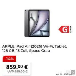 MediaMarkt APPLE iPad Air (2026) Wi-Fi, Tablet, 128 GB, 13 Zoll, Space Grau Angebot