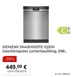 MediaMarkt SIEMENS SN43HS03TE iQ300 Geschirrspüler Angebot