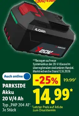 Lidl PARKSIDE Akku 20 V/4 Ah Angebot