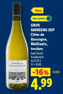 Lidl GROS MANSENG IGP Côtes de Gascogne, Weißwein, trocken Angebot
