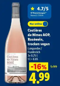 Lidl Costières de Nîmes AOP, Roséwein, trocken vegan Angebot
