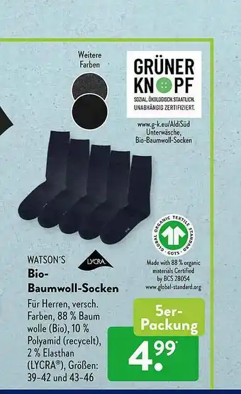 Aldi Süd Watson's Bio-baumwoll-socken Lycra Angebot