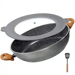 Netto Marken-Discount STONELINE Set 28cm Servierpfanne MIG und Pfannenwender, Holzoptik mit Multifunktionsglasdeckel Angebot