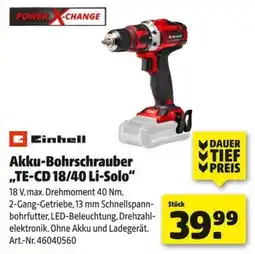 Hagebau Einhell Akku-Bohrschrauber „TE-CD 18/40 Li-Solo“ Angebot