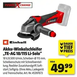 Hagebau Einhell Akku-Winkelschleifer „TE-AG 18/115 Li-Solo“ Angebot