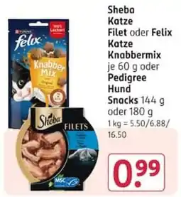Rossmann Sheba Katze Filet oder Felix Katze Knabbermix oder Pedigree Hund Snacks Angebot