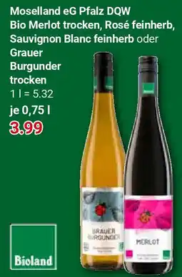 Globus Moselland eG Pflaz DQW Bio Merlot trocken, Rosé feinherb, Sauvignon Blanc feinherb oder Grauer Burgunder trocken Angebot