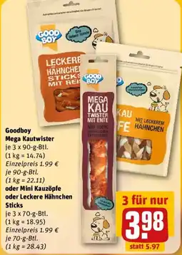 REWE Goodboy Mega Kautwister oder Mini Kauzöpfe oder Leckere Hähnchen Sticks Angebot
