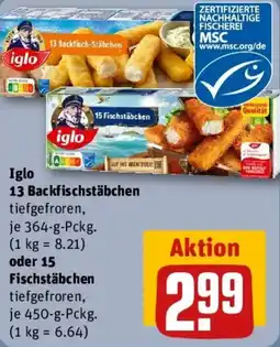 REWE Iglo 13 Backfischstäbchen oder 15 Fischstäbchen Angebot