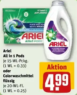 REWE Ariel All in 1 Pods oder Colorwaschmittel flüssig Angebot
