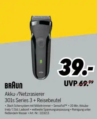 MEDIMAX Braun Akku- Netzrasierer 301s Series 3 + Reisebeutel Angebot