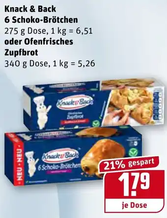 REWE Center Knack & Back 6 Schoko Brötchen 275g oder Ofenfrisches Zupfbrot 340g Dose Angebot