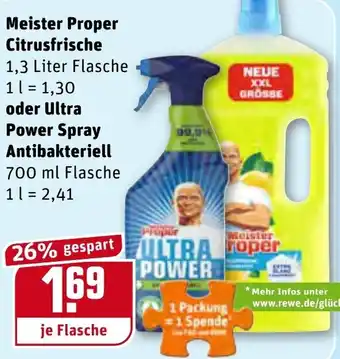 REWE Center Meister Proper Citrusfrische 1,3L oder Ultra Power Spray Antibakteriell 700ml Angebot