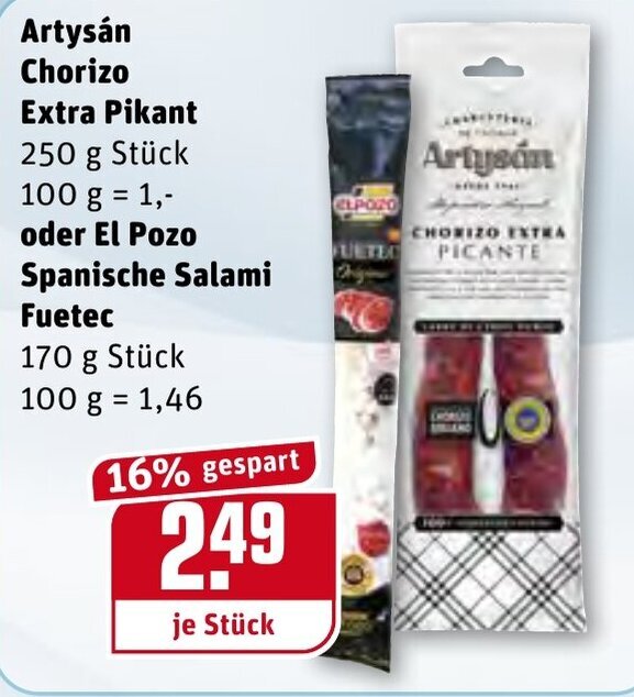 Artysán Chorizo Extra Pikant 250g oder El Pozo Spanische Salami Fuetec