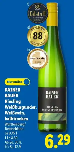 Lidl Rainer Bauer Riesling Weissburgunder, Weißwein, halbtrocken Angebot