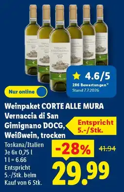 Lidl Weinpaket CORTE ALLE MURA Vernaccia di San Gimignano DOCG, Weißwein, trocken Angebot