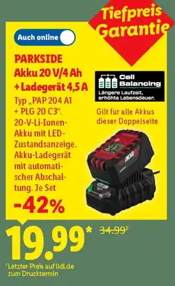 Lidl PARKSIDE Akku 20 V/4 Ah + Ladegerät 4,5 A Angebot