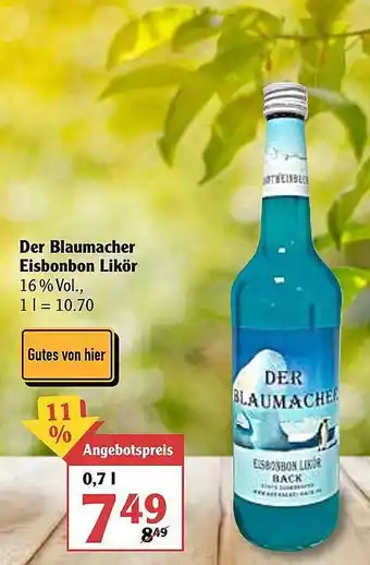 Globus Der Blaumacher Eisbonbon Likör 0,7L Angebot