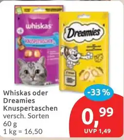 Budni Whiskas oder Dreamies Knuspertaschen Angebot